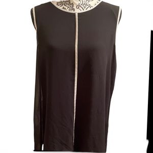 CALVIN KLEIN, sleeveless long black blouse with sheer black overlay, size L